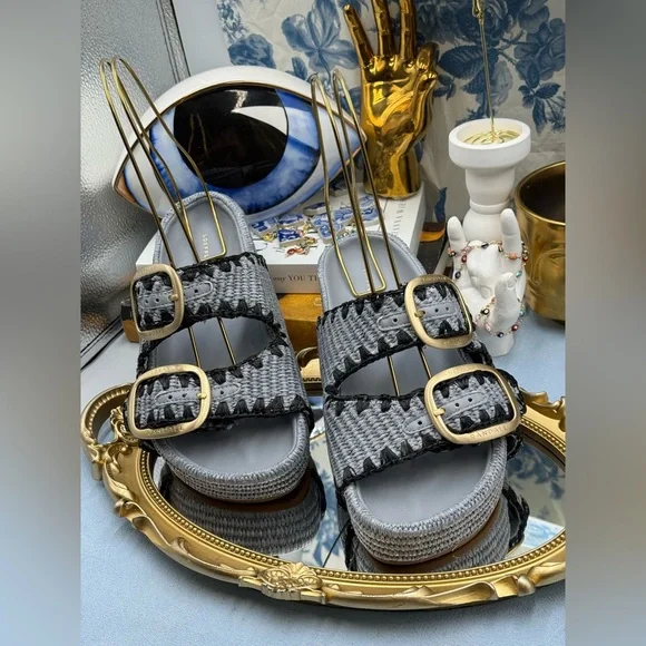 🆕 LOEFFLER RANDALL 🧿 NWOB Theo Embroidered Raffia Platform Sandal, Blue Sz 7.5 - Picture 4 of 14